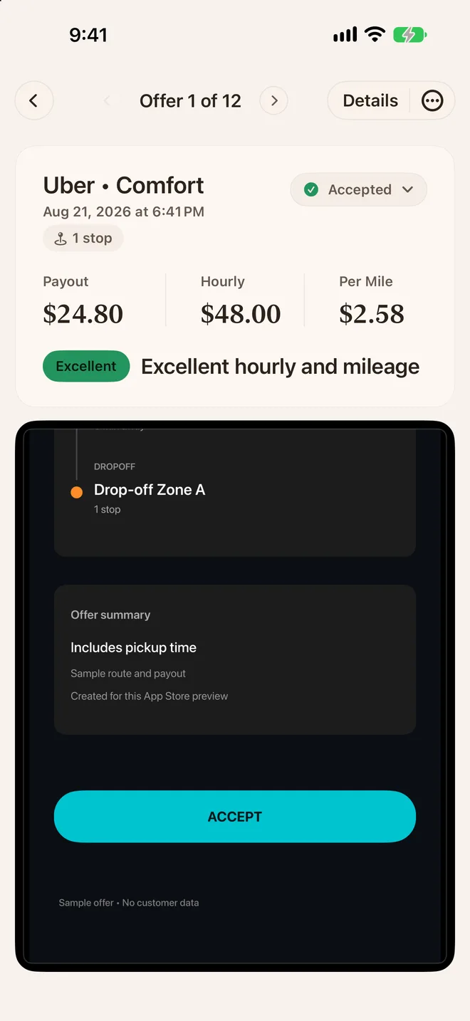 OfferIQ showing a fictional Uber Comfort offer at $48 per hour and $2.58 per mile with an Excellent result.
