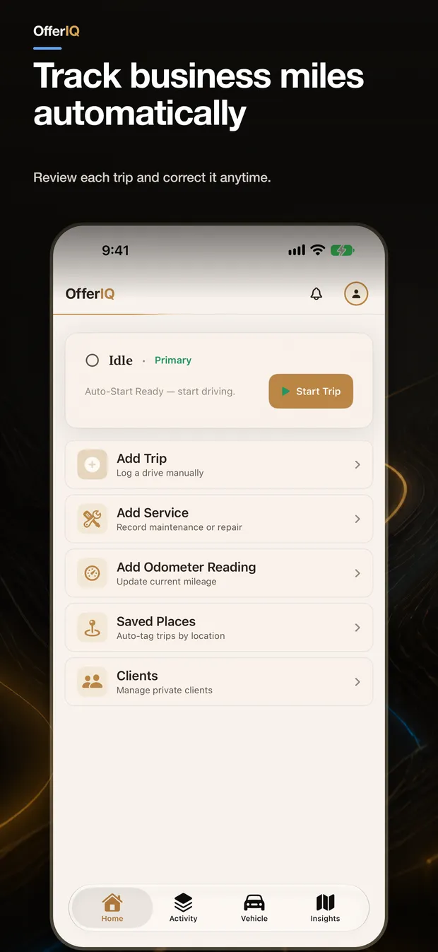 OfferIQ App Store screen showing automatic mileage setup and reviewable trip tools.